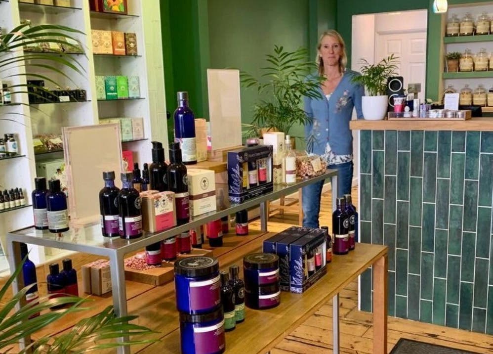 Balm beauty and wellness venue showcases elegant product display in Royal Leamington Spa, England, GB.