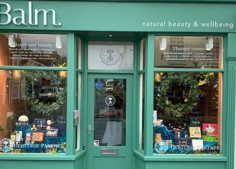 Charming storefront of Balm in Royal Leamington Spa, England, GB, highlighting natural beauty and wellness.
