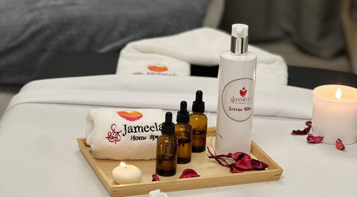 Luxury spa treatments at Jameela Home Spa in Dubai. Includes oils, candle, and branded towel.