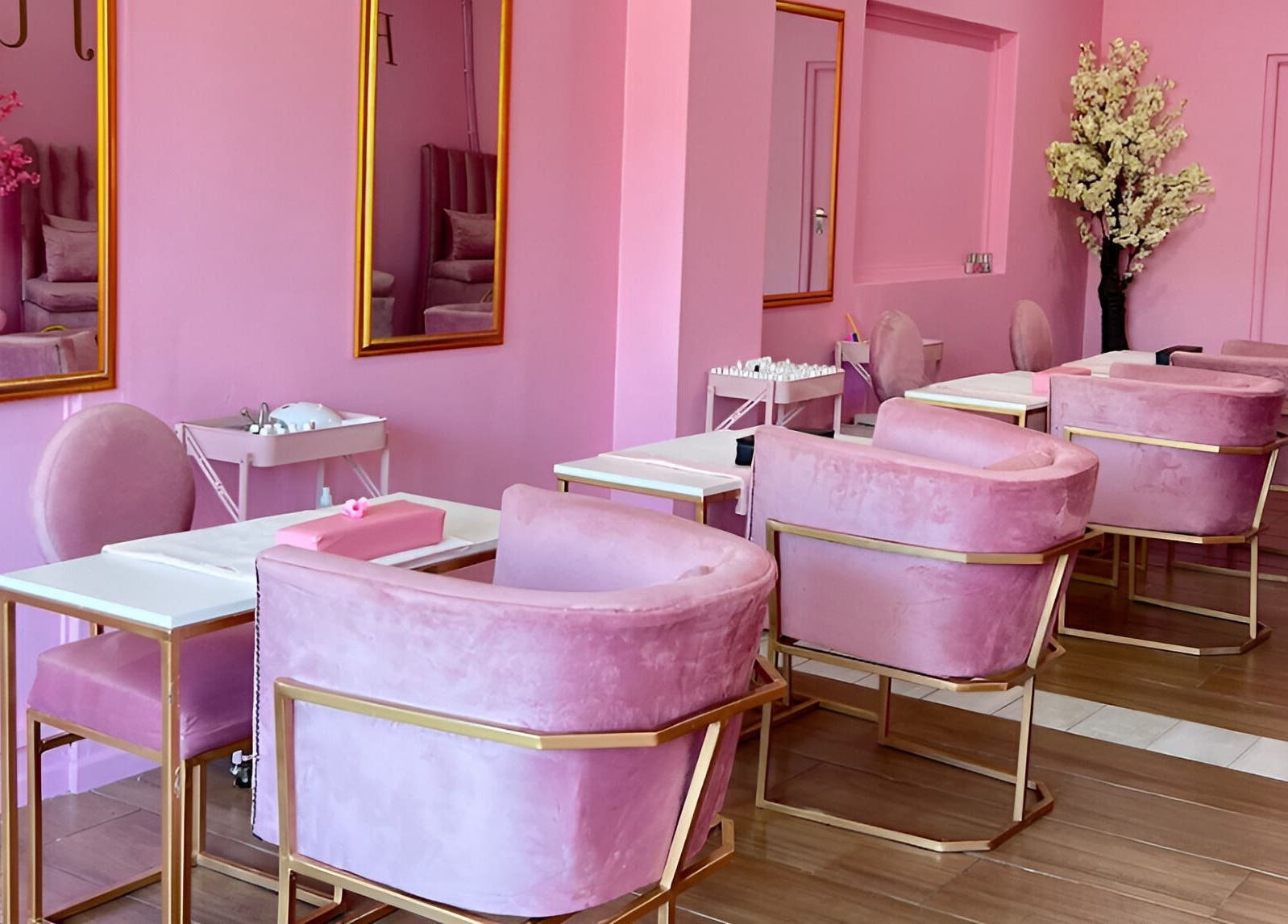 Chic pink interiors of ROZÏÏ JŪ nail salon in East London, Eastern Cape, ZA with plush seating and floral decor.