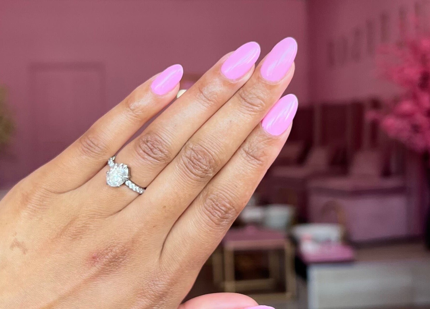 Elegant pink nails and diamond ring at ROZÏÏ JŪ, East London, Eastern Cape, ZA.