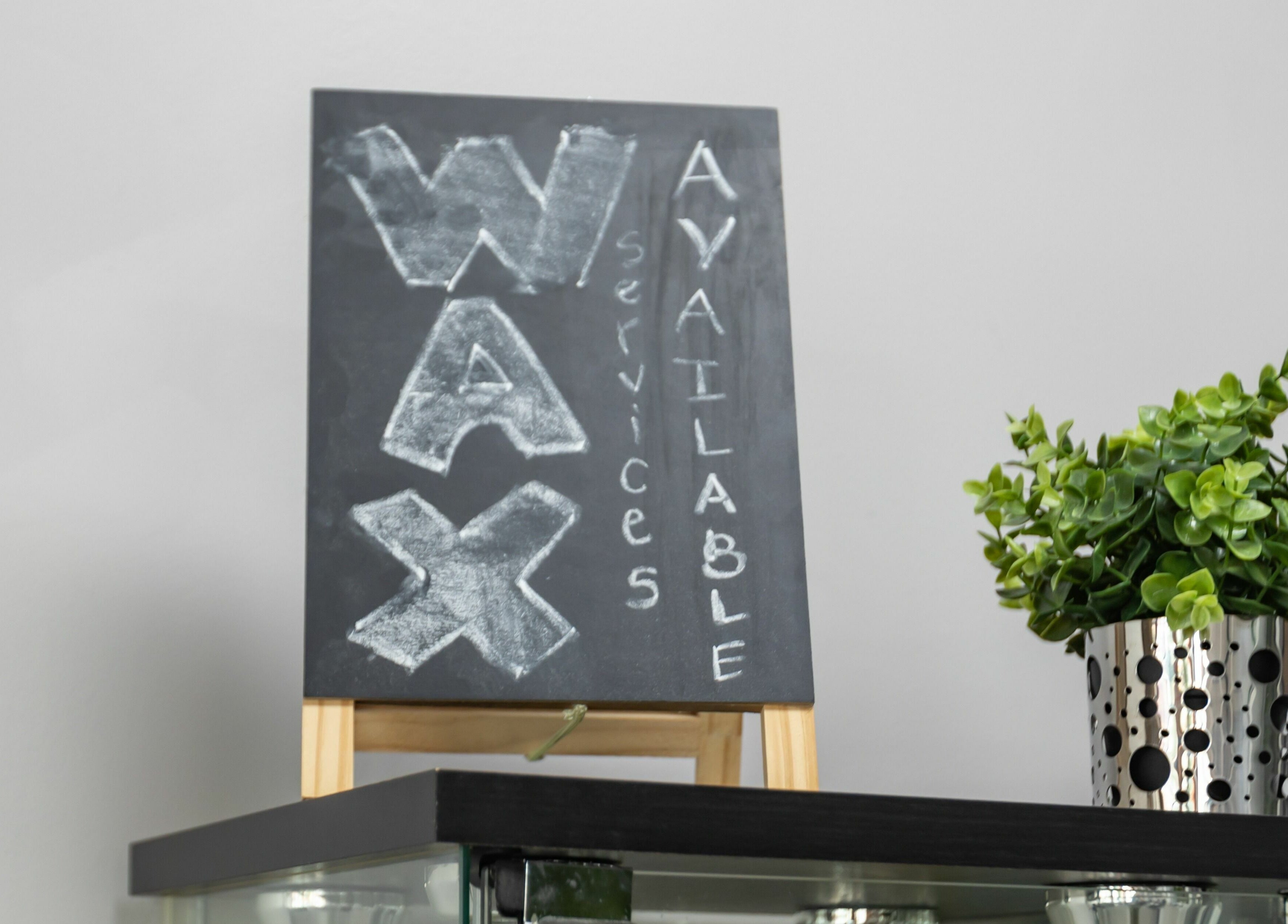 Wax services available sign at Tips & Dips Nail Studio, Doral, Florida, US, with a plant beside it.