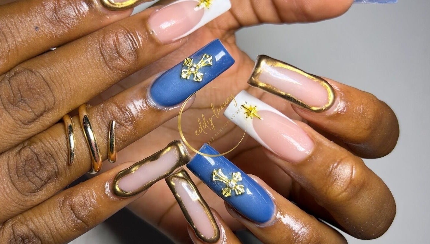 Stunning nail art with gold accents at Eddy_luxury, Portmore, St. Catherine Parish, JM.