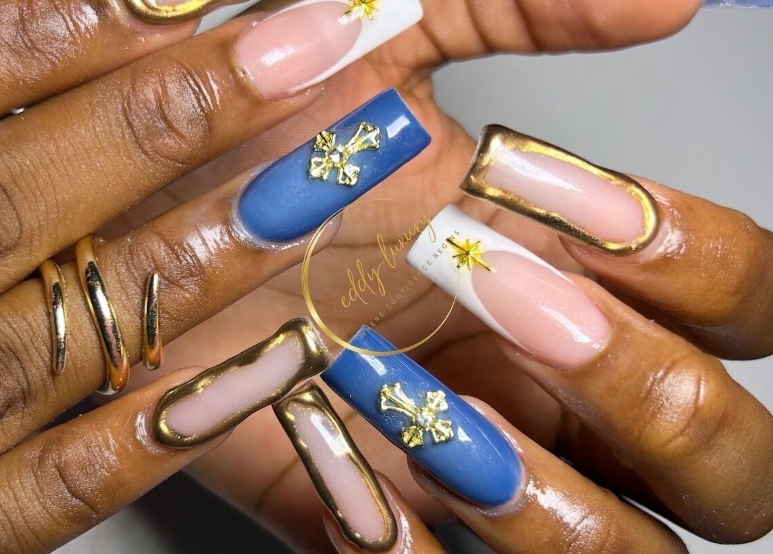 Stunning nail art with gold accents at Eddy_luxury, Portmore, St. Catherine Parish, JM.