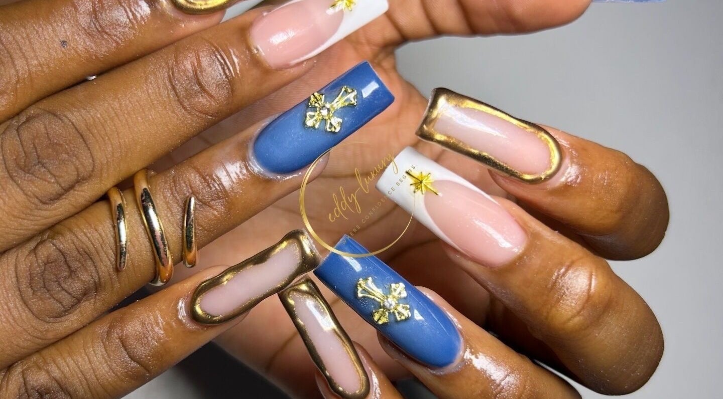 Stunning nail art with gold accents at Eddy_luxury, Portmore, St. Catherine Parish, JM.