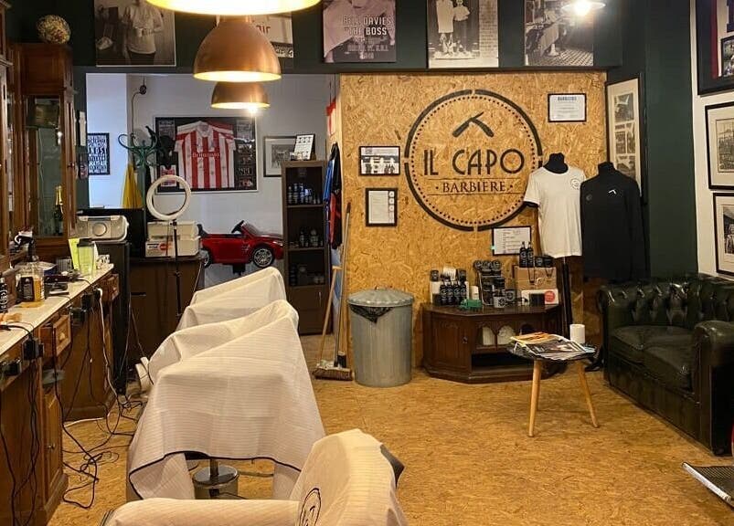 Il Capo Barbiere, a vintage-themed barbershop in Newcastle-under-Lyme, England, GB, showcasing classic style.
