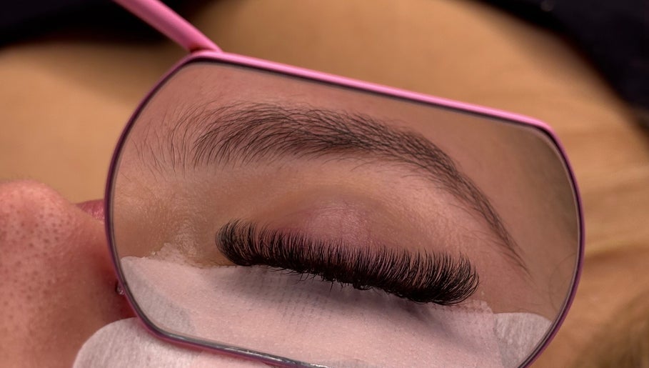 Close-up of eyelash extensions in a mirror at Sb Lash & Co, Melbourne, Victoria, AU.