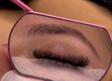 Close-up of eyelash extensions in a mirror at Sb Lash & Co, Melbourne, Victoria, AU.