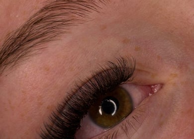 Close-up of enhanced lashes from Sb Lash & Co, showing detail and volume in Melbourne, Victoria, AU.