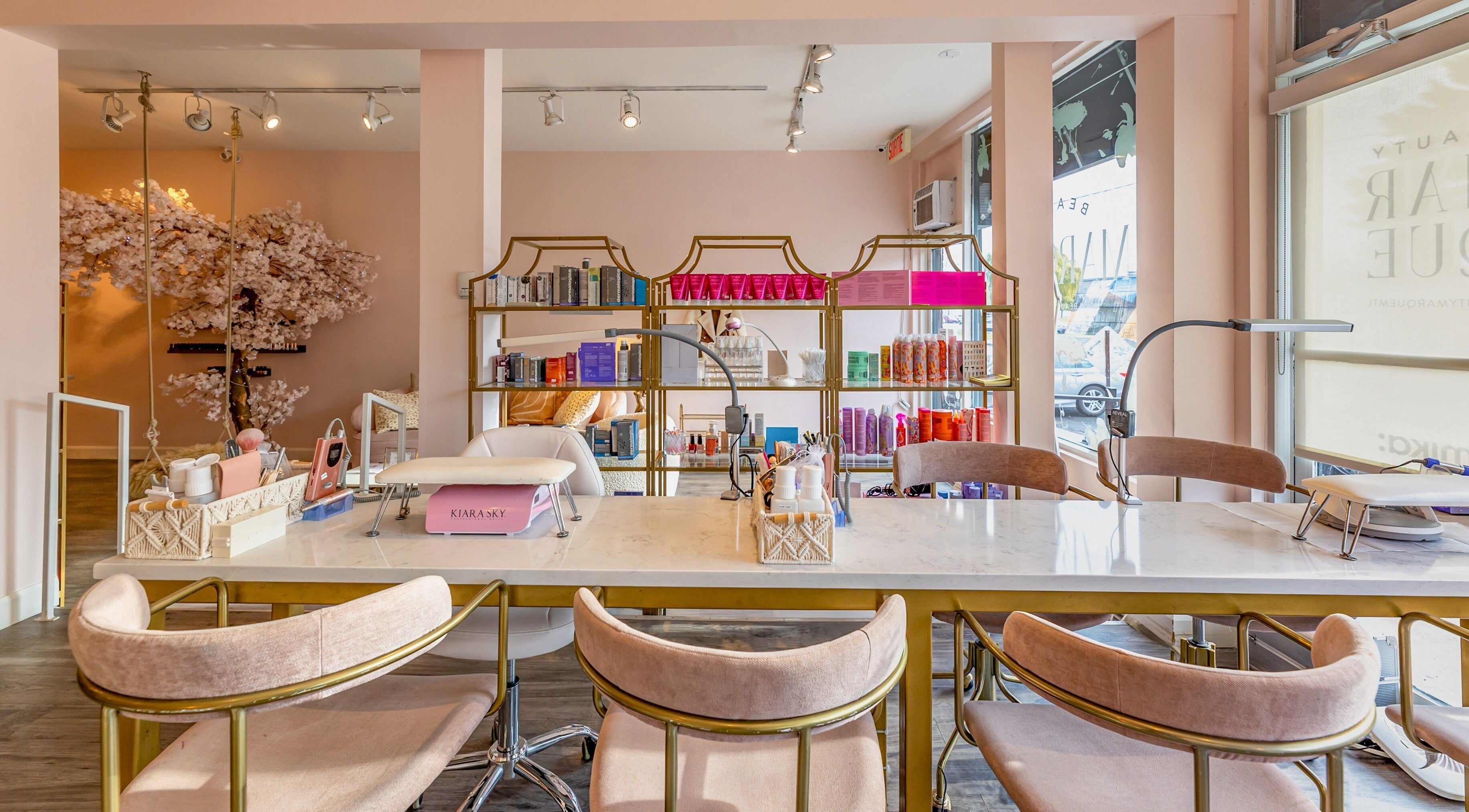 Chic interior of Beauty Marque in Pointe-Claire, Québec, CA featuring elegant decor and beauty products.