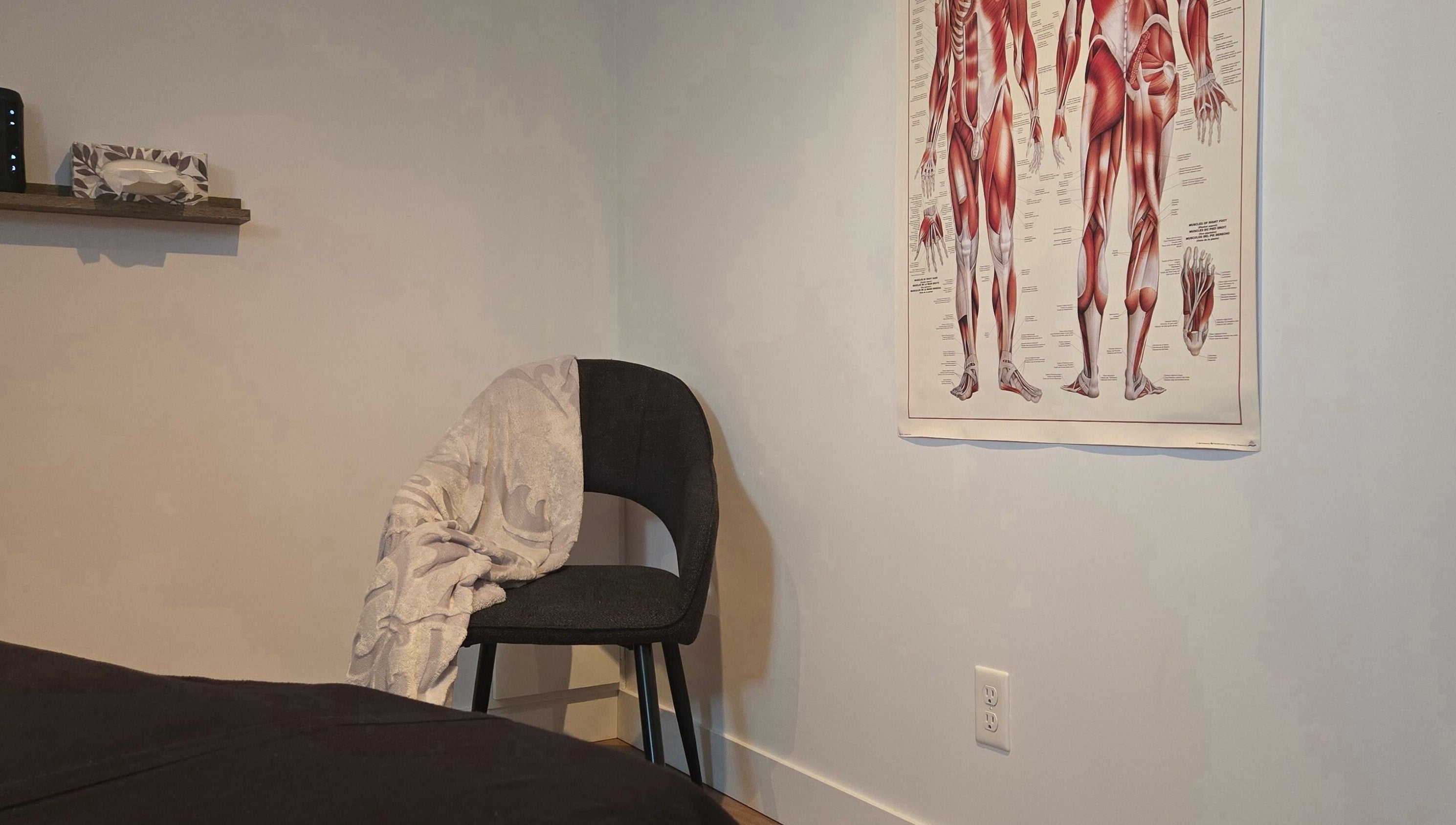 Salle de traitement à Clinique Gabrielle Bérubé, Saint-tite, Québec, CA avec chaise et affiche anatomique.