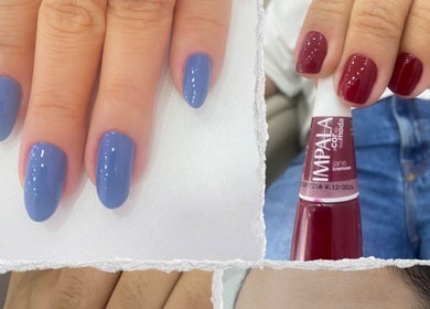 Unhas pintadas em azul e vermelho na Senz.vanessabelber, São Paulo, São Paulo, BR.