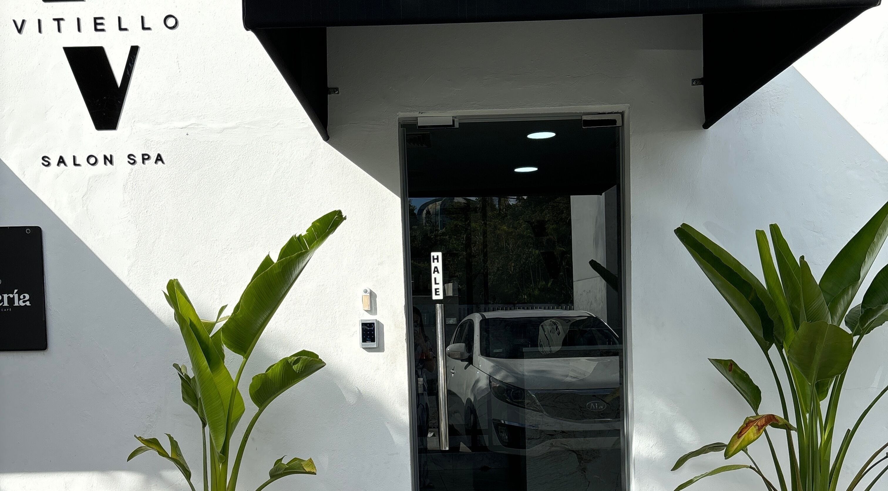Entrada moderna del salón Vitiello en Santo Domingo, Distrito Nacional, DO con plantas decorativas.
