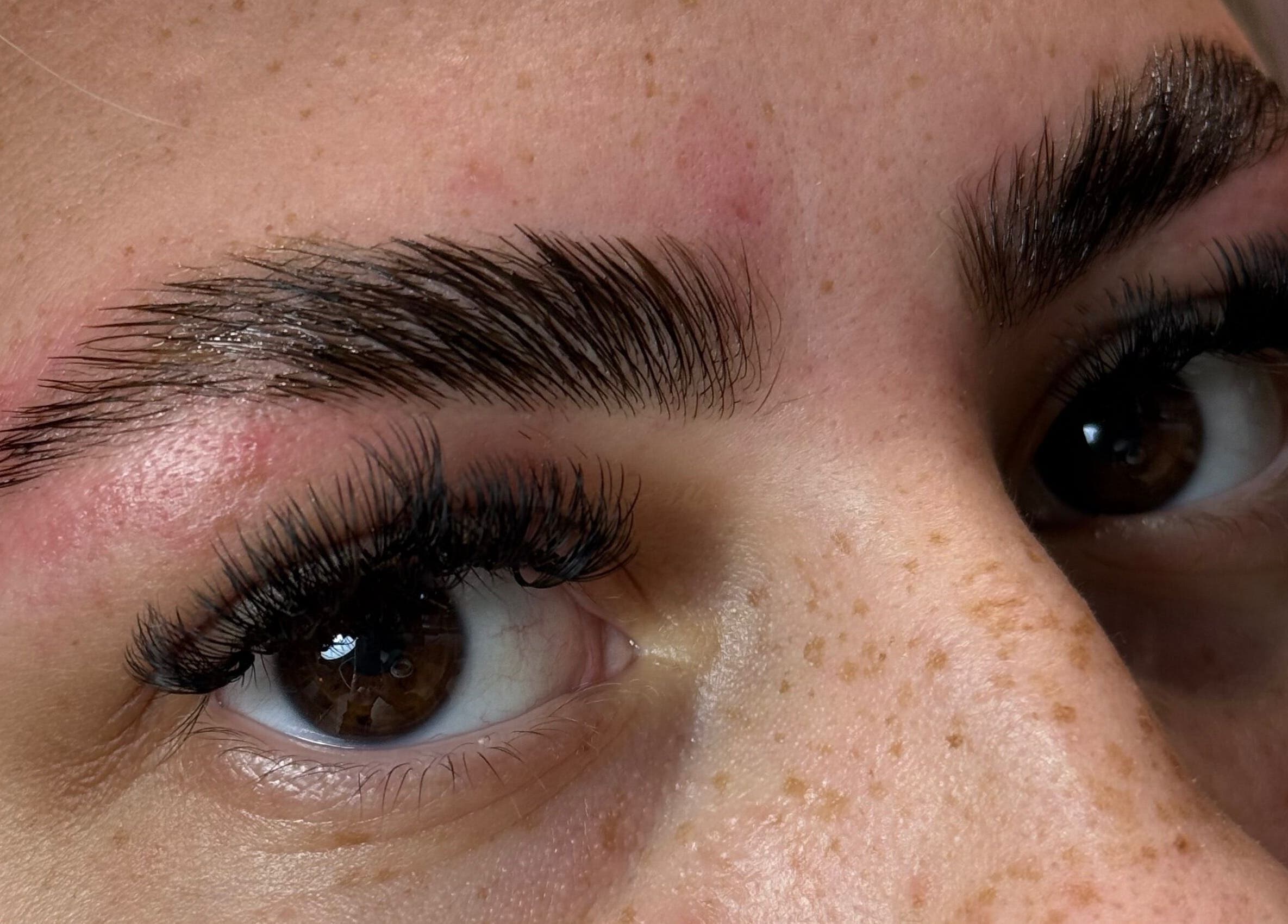 Close-up of styled eyebrows and lashes at Nailssby.han, Heywood, England, GB.
