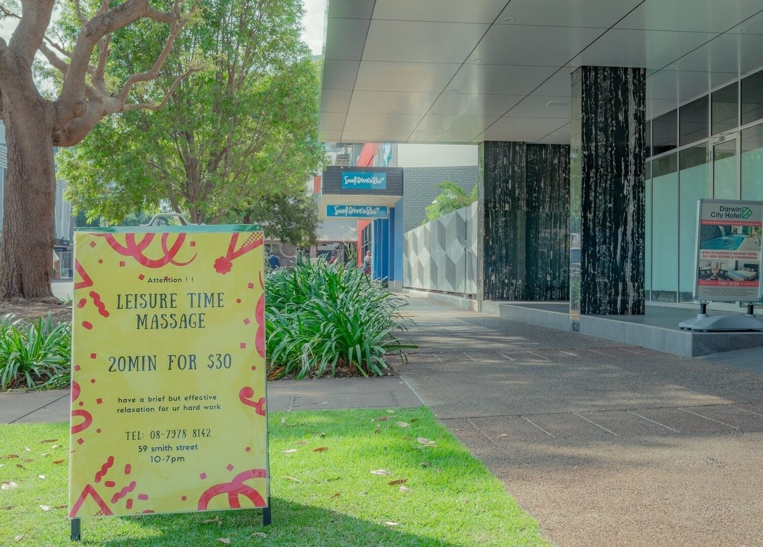 Outdoor promotional sign for leisure time massage near Chilax in DARWIN CITY, Northern Territory, AU.