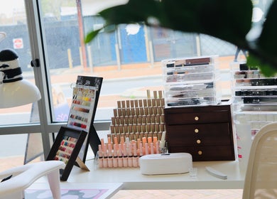 Chic nail setup at Soft Sounds Massage, Perth, Western Australia, AU. Bright, inviting space with nail colors.