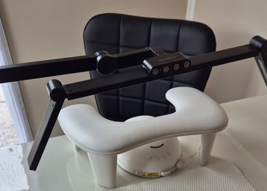 Modern nail station at Fingers and Toes, Mexborough, England, GB, with advanced adjustable lighting.