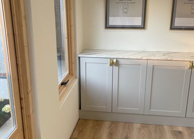 Stylish corner with sleek cabinets and sunlight at No. 1 Beauty, Whitfield, England, GB.