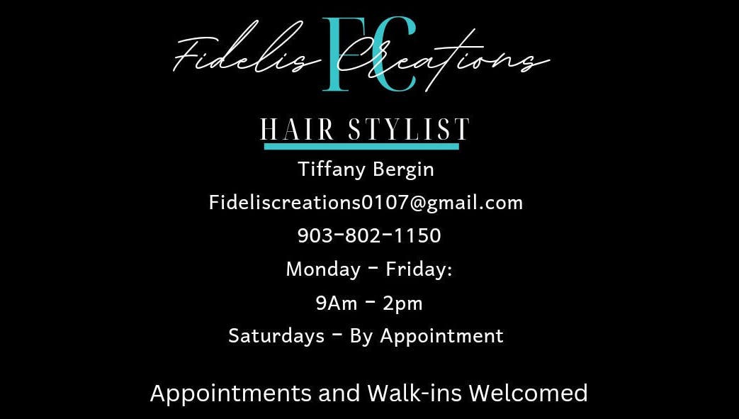 Fidelis Creations business card showcasing hair stylist info in Mabank, Texas, US.