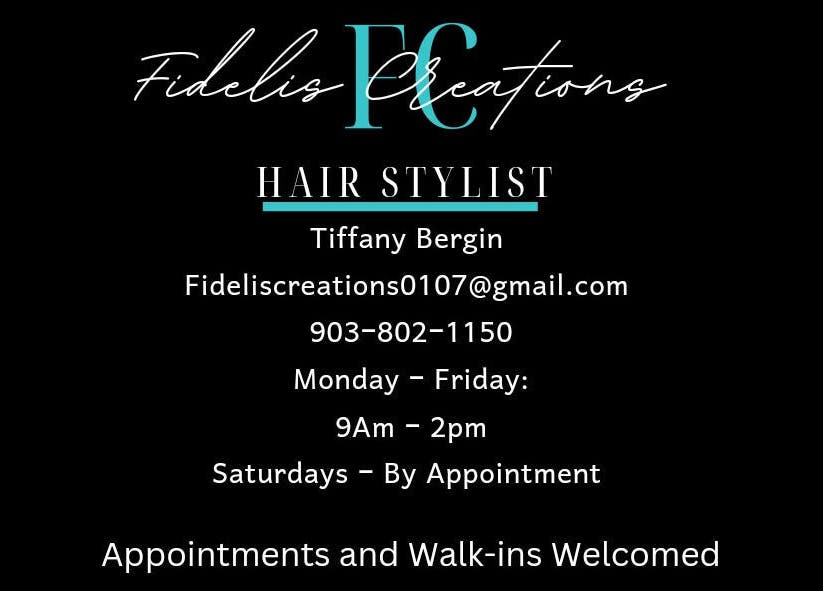 Fidelis Creations business card showcasing hair stylist info in Mabank, Texas, US.
