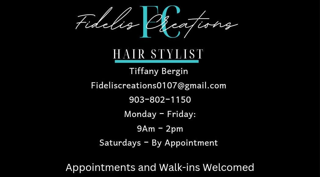 Fidelis Creations business card showcasing hair stylist info in Mabank, Texas, US.