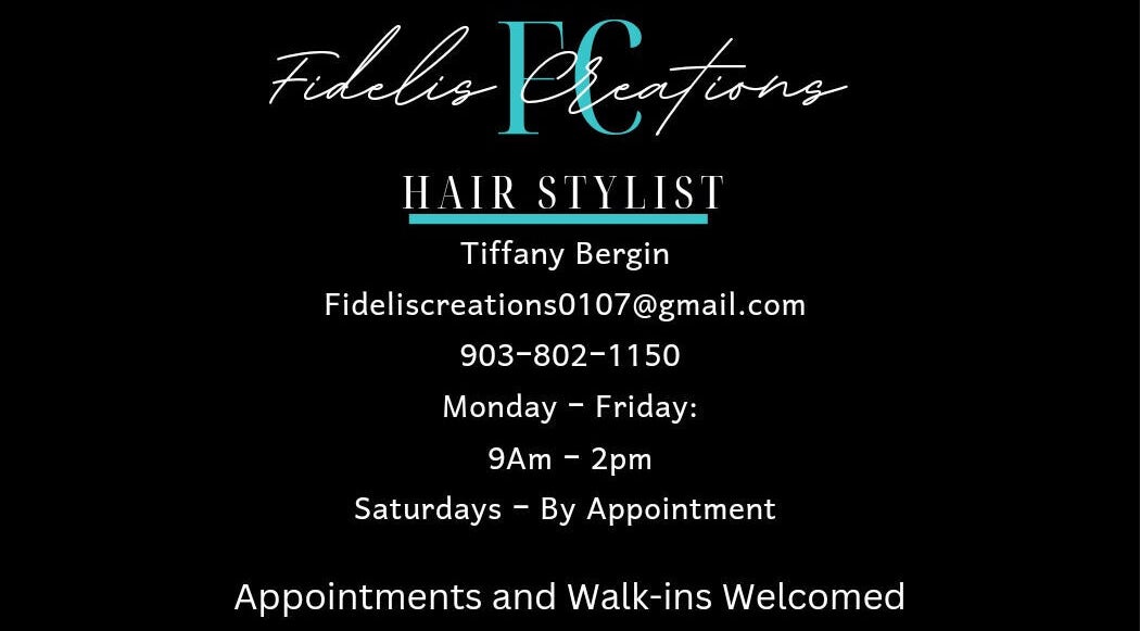 Fidelis Creations business card showcasing hair stylist info in Mabank, Texas, US.