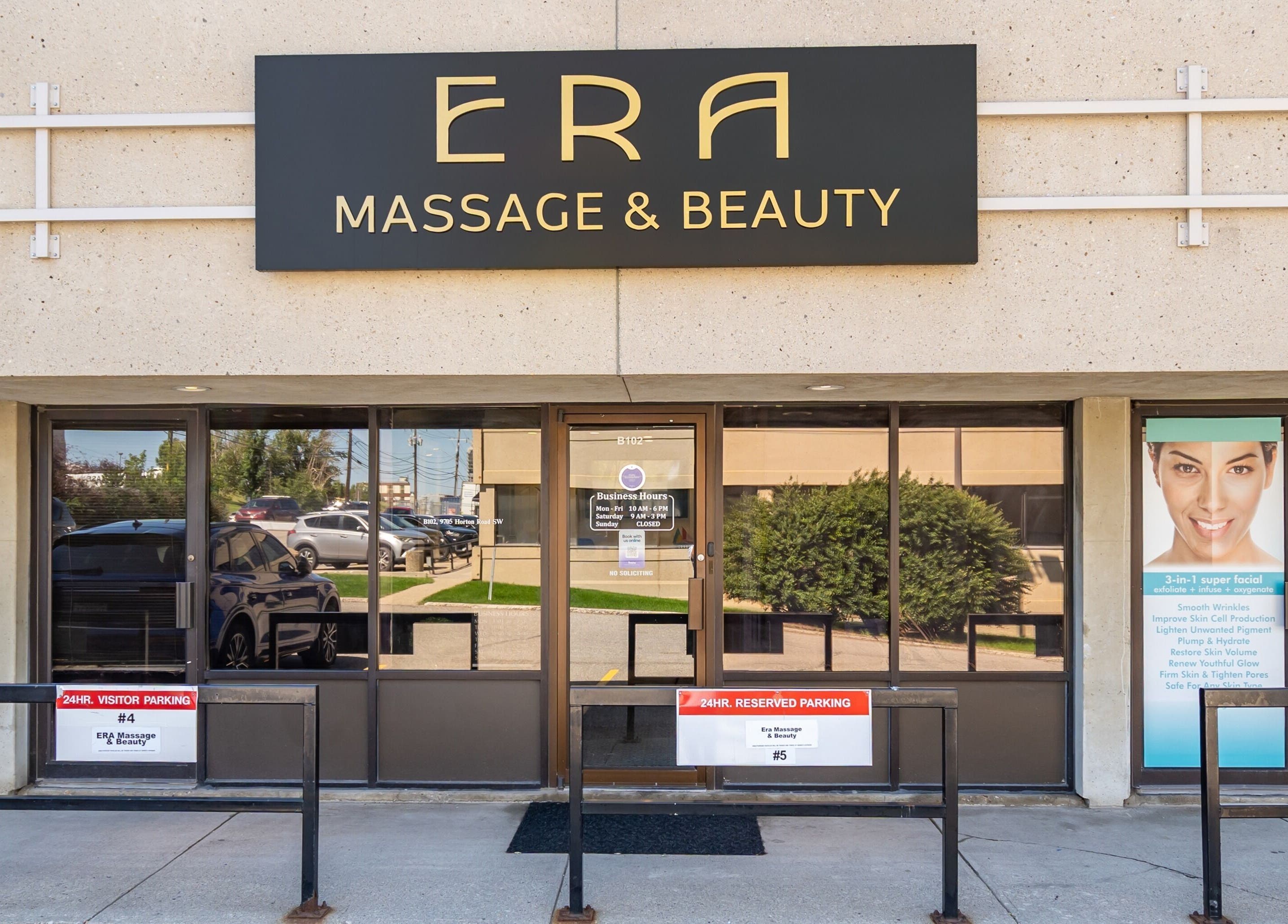Exterior view of ERA Massage & Beauty entrance in Calgary, Alberta, CA showcasing the venue's welcoming facade.