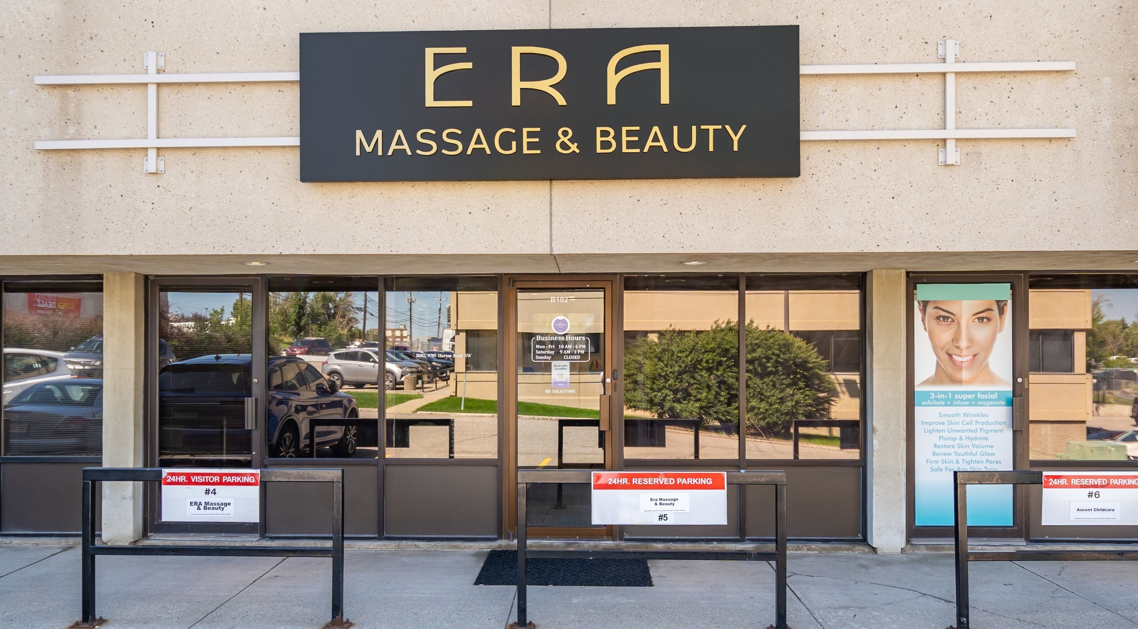 Exterior view of ERA Massage & Beauty entrance in Calgary, Alberta, CA showcasing the venue's welcoming facade.