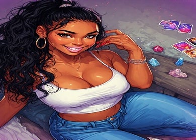 Illustration of a smiling woman with tarot cards and crystals at Fly Taurus Enchantress Tarot, Boyds, Maryland, US.
