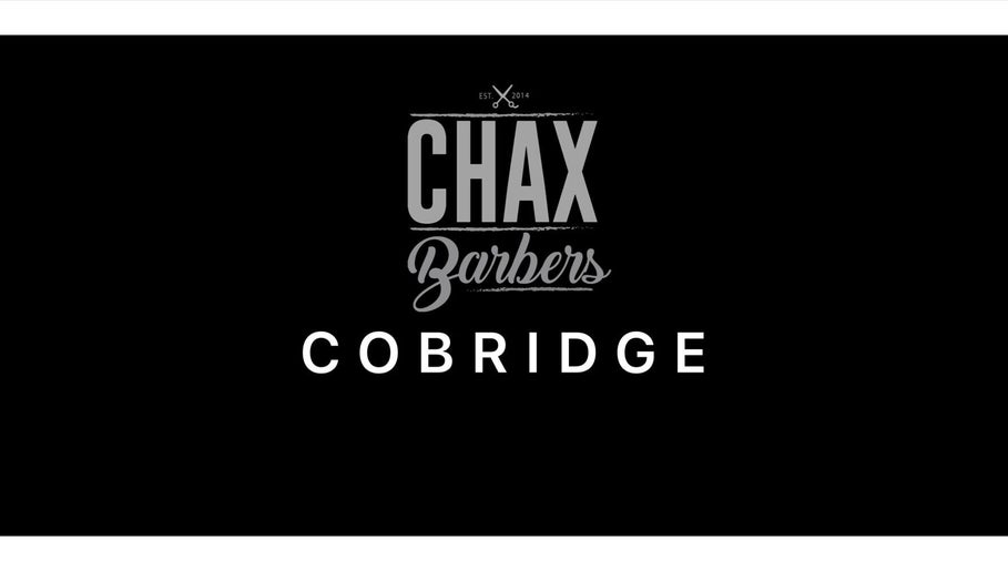 Chax Barbers logo on Cobridge background, Waterloo Rd, Stoke-on-Trent, England, GB.
