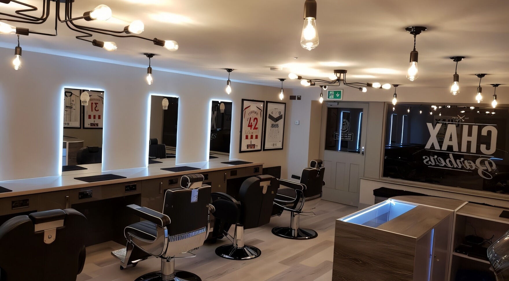 Interior of Chax Barbers on Waterloo Rd, Stoke-on-Trent, England, with modern chairs and illuminated mirrors.