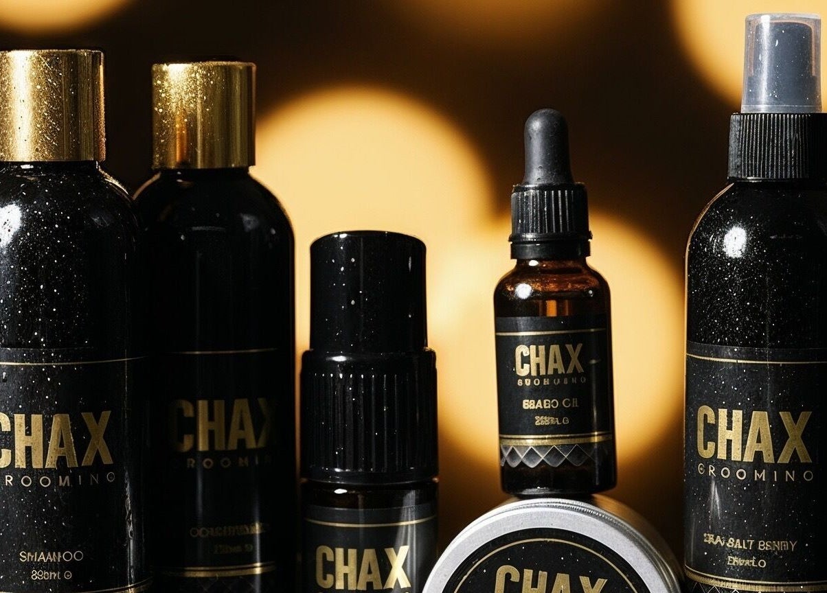 Chax Barbers Heathcote Road grooming products display in Stoke-on-Trent, England, GB with elegant packaging.