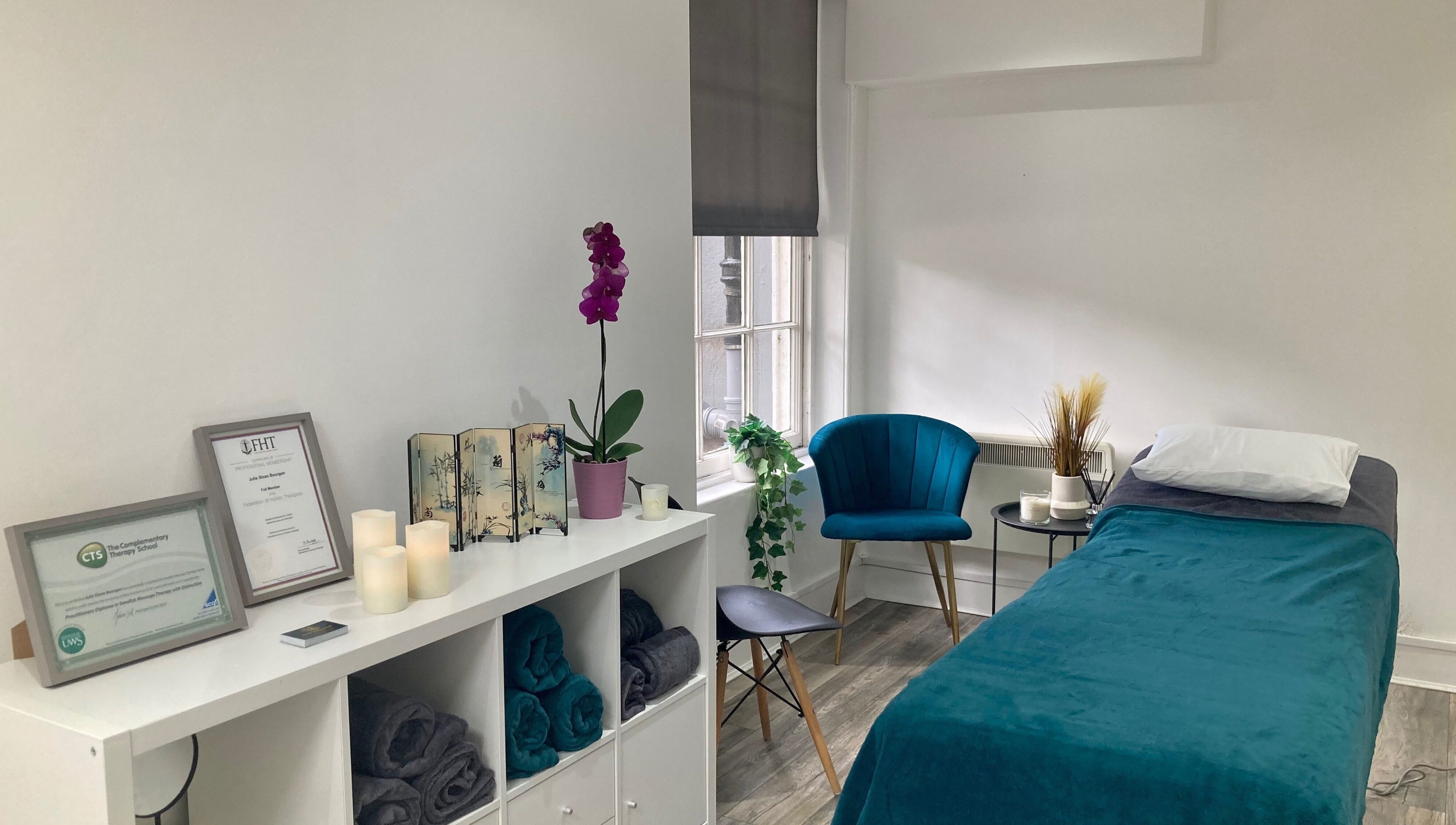 Relaxing therapy room at Nirvana Massage Therapy (New Location!) in Aberdeen, Scotland, GB. Cozy and inviting.