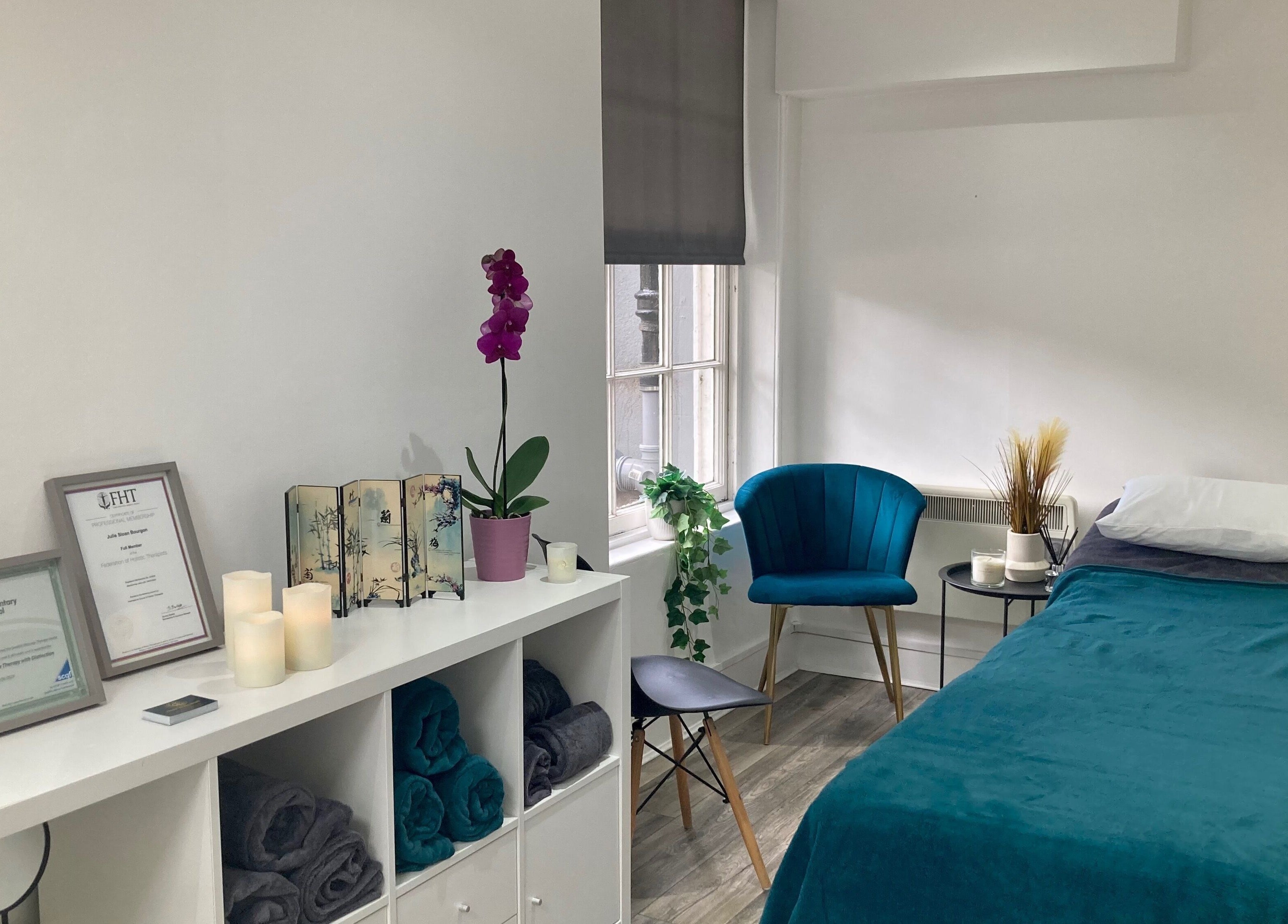 Relaxing therapy room at Nirvana Massage Therapy (New Location!) in Aberdeen, Scotland, GB. Cozy and inviting.