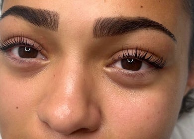 Close-up of lash extensions at GLOW By Mads, Abbots Langley, England, GB showcasing detailed eye makeup.