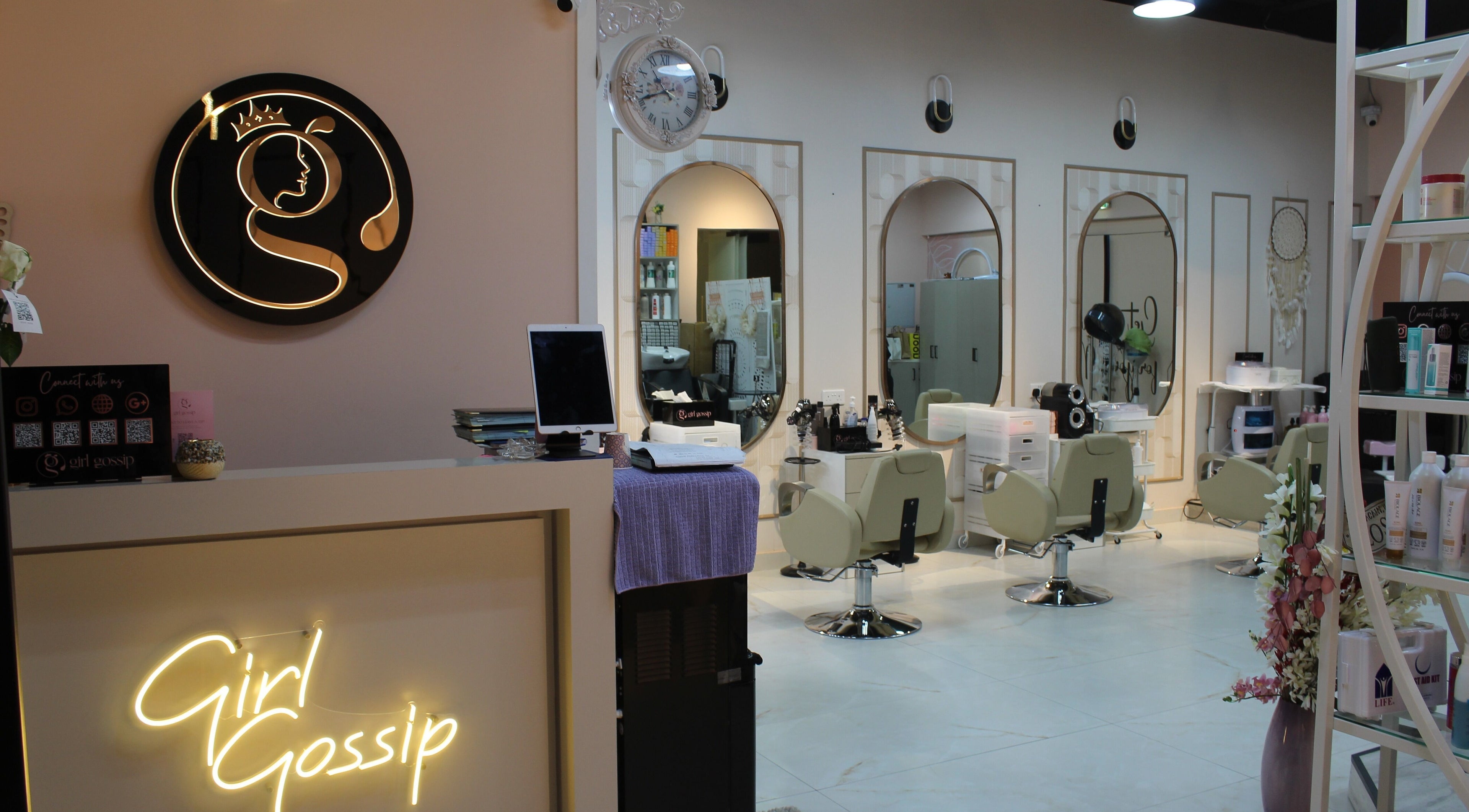 Interior of Girl Gossip Ladies Salon in Dubai, Dubai, AE featuring stylish decor and professional salon chairs.
