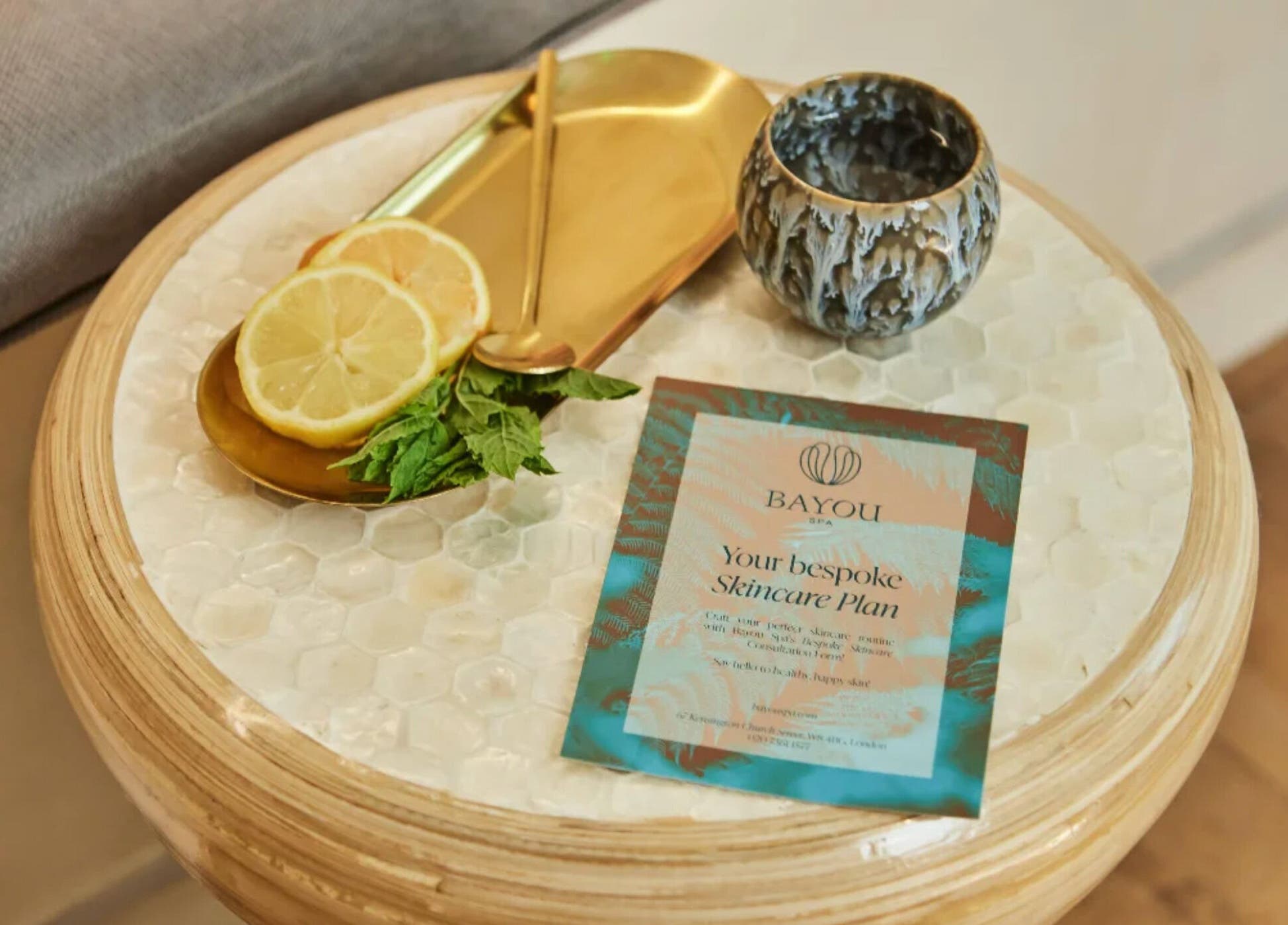 Elegant spa setup at Bayou Spa featuring skincare plan and decor in London, England, GB.