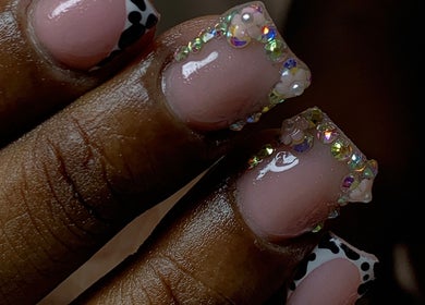 Close-up of gem-accented manicure at Bahama Beauty Nail Bar, Nassau, New Providence, BS.