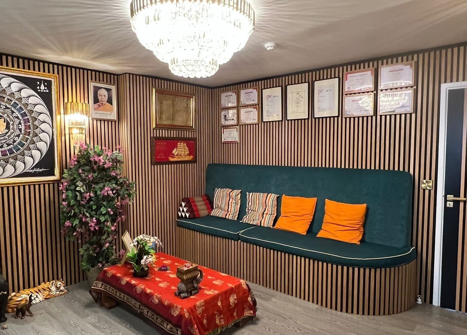 Elegant lounge at Moradok Siam in Romsey, with decor and seating, Romsey, England, GB.