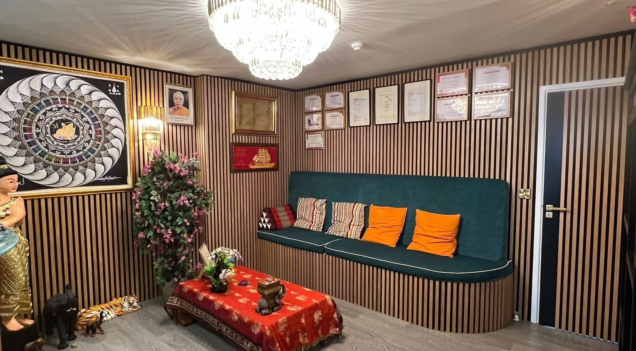 Elegant lounge at Moradok Siam in Romsey, with decor and seating, Romsey, England, GB.