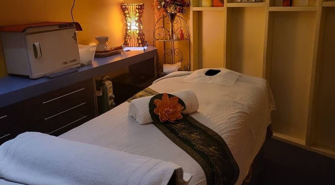 Relaxing massage room at Narin Thai Massage Cardiff, Newcastle, New South Wales, AU, with warm lighting and decor.