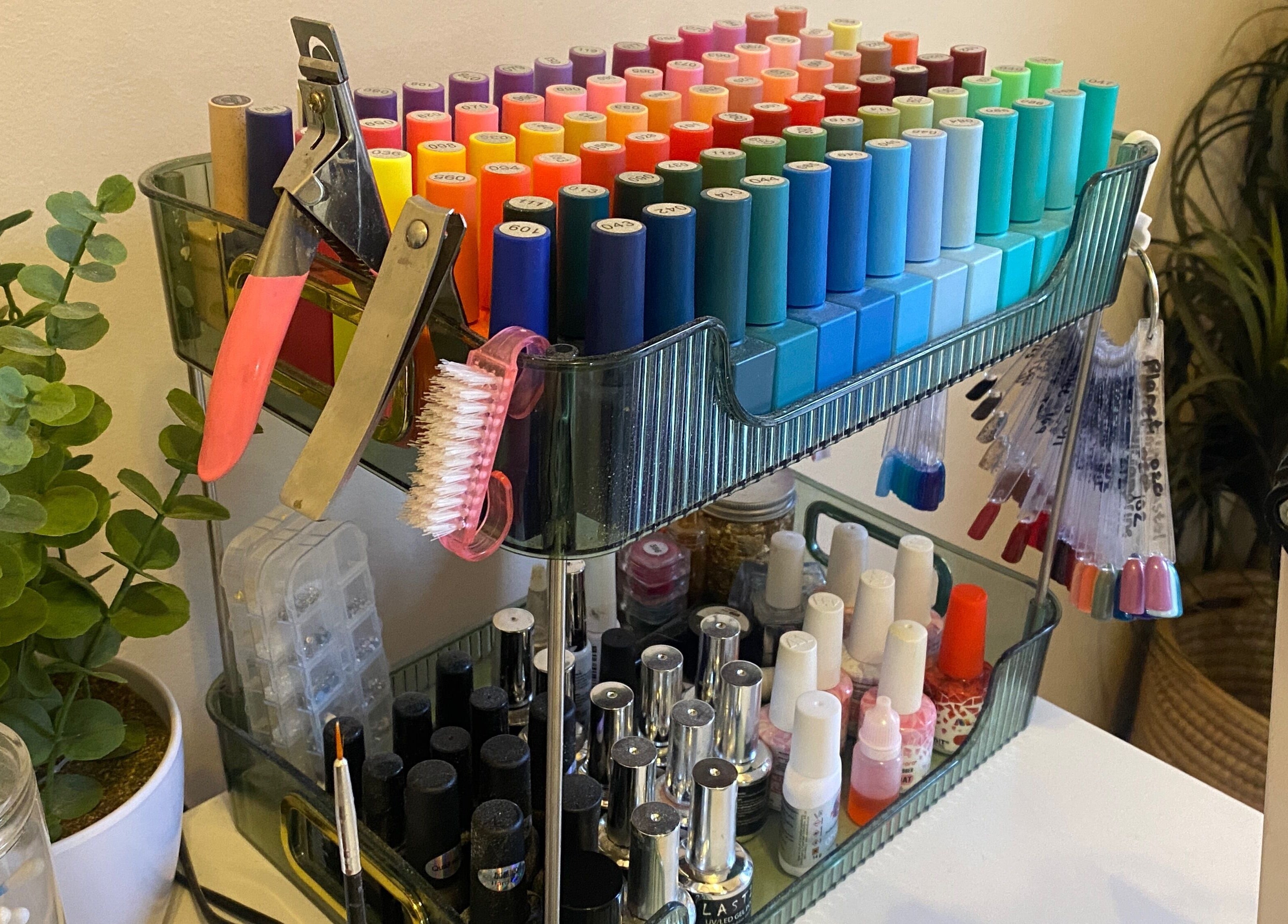 Vibrant nail polish display at Feather Aesthetics in Bloemfontein, Free State, ZA.