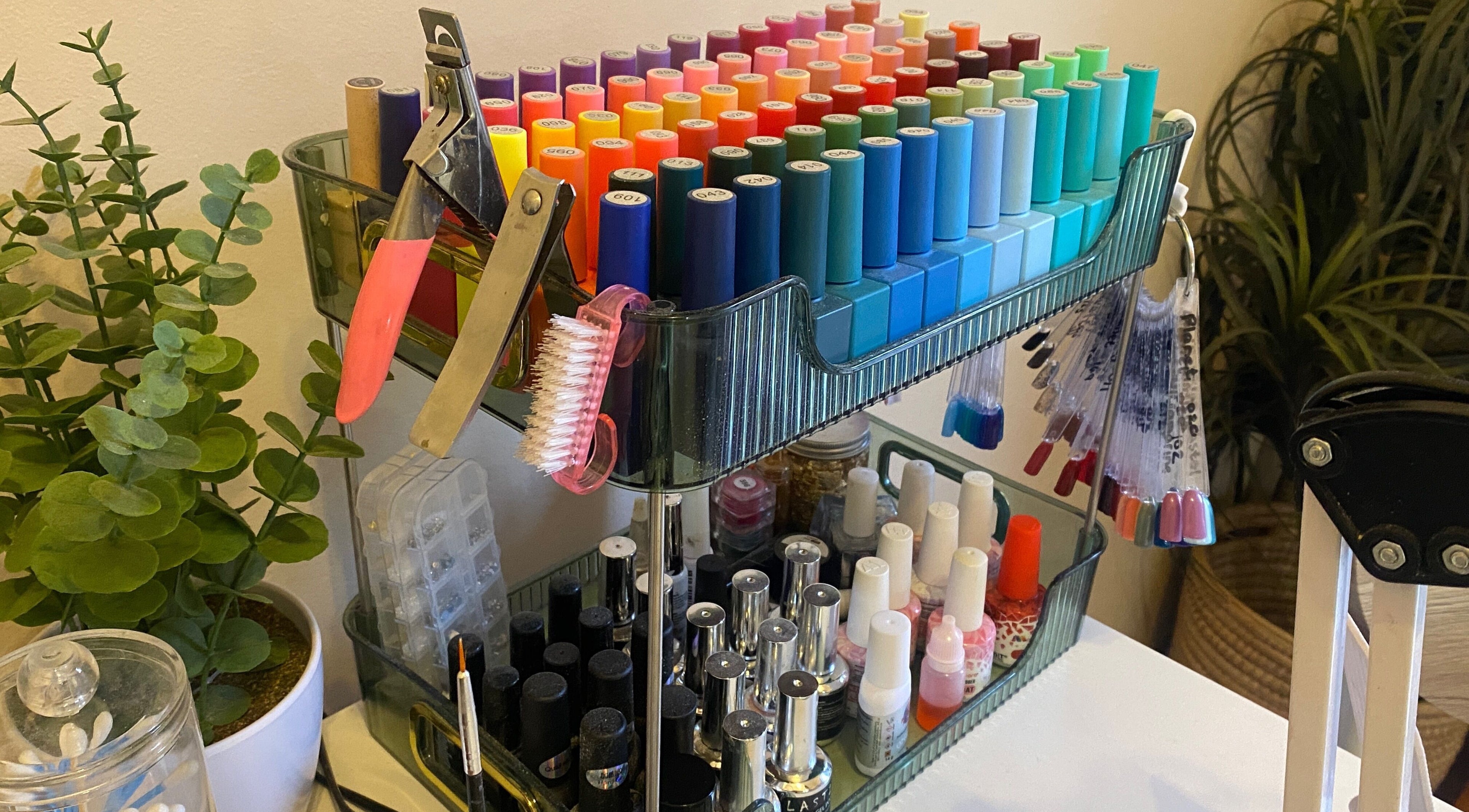 Vibrant nail polish display at Feather Aesthetics in Bloemfontein, Free State, ZA.