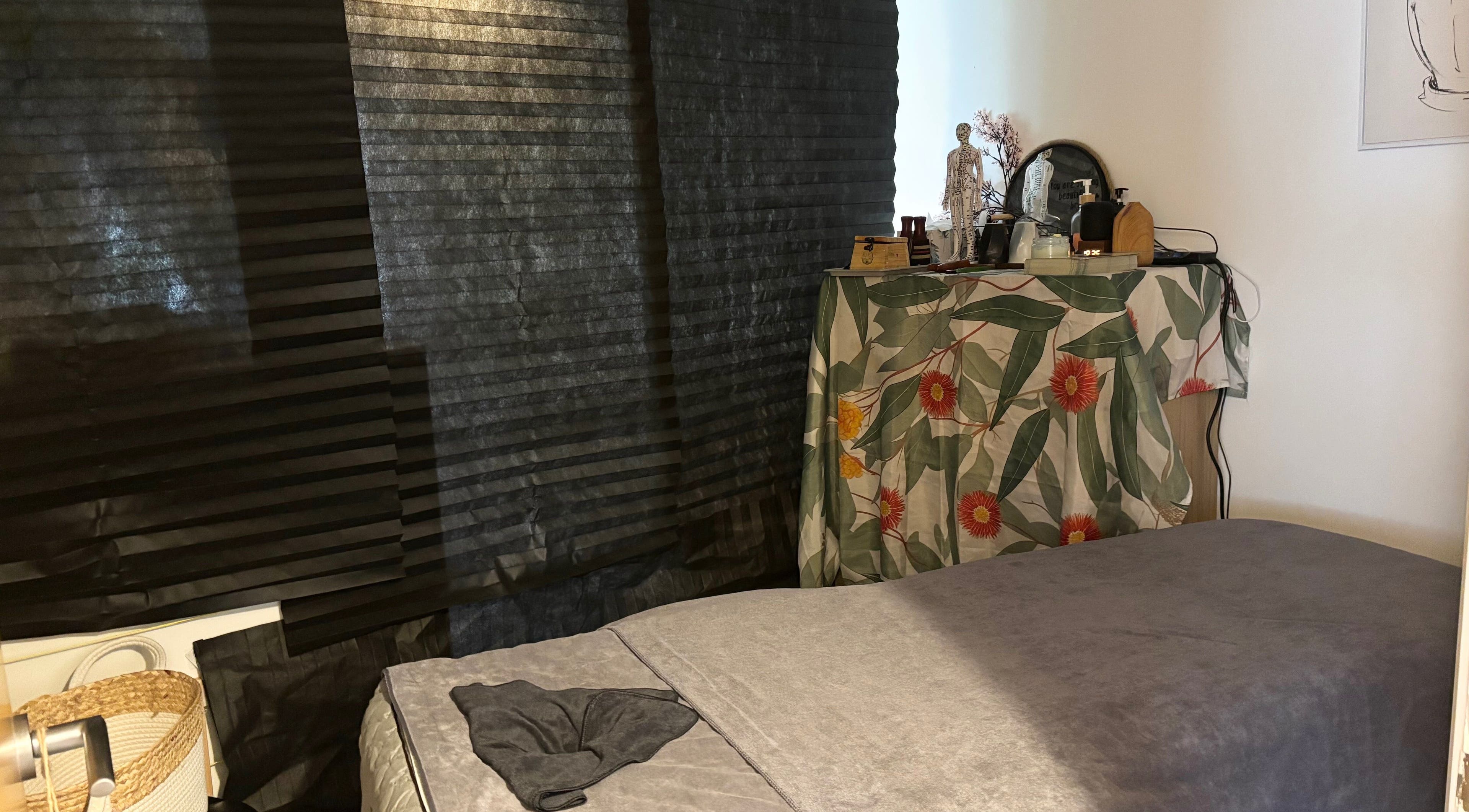 Cozy massage room at Unique Massage Therapy (Women’s Wellness & Acupuncture Clinic), Leeds, England, GB.