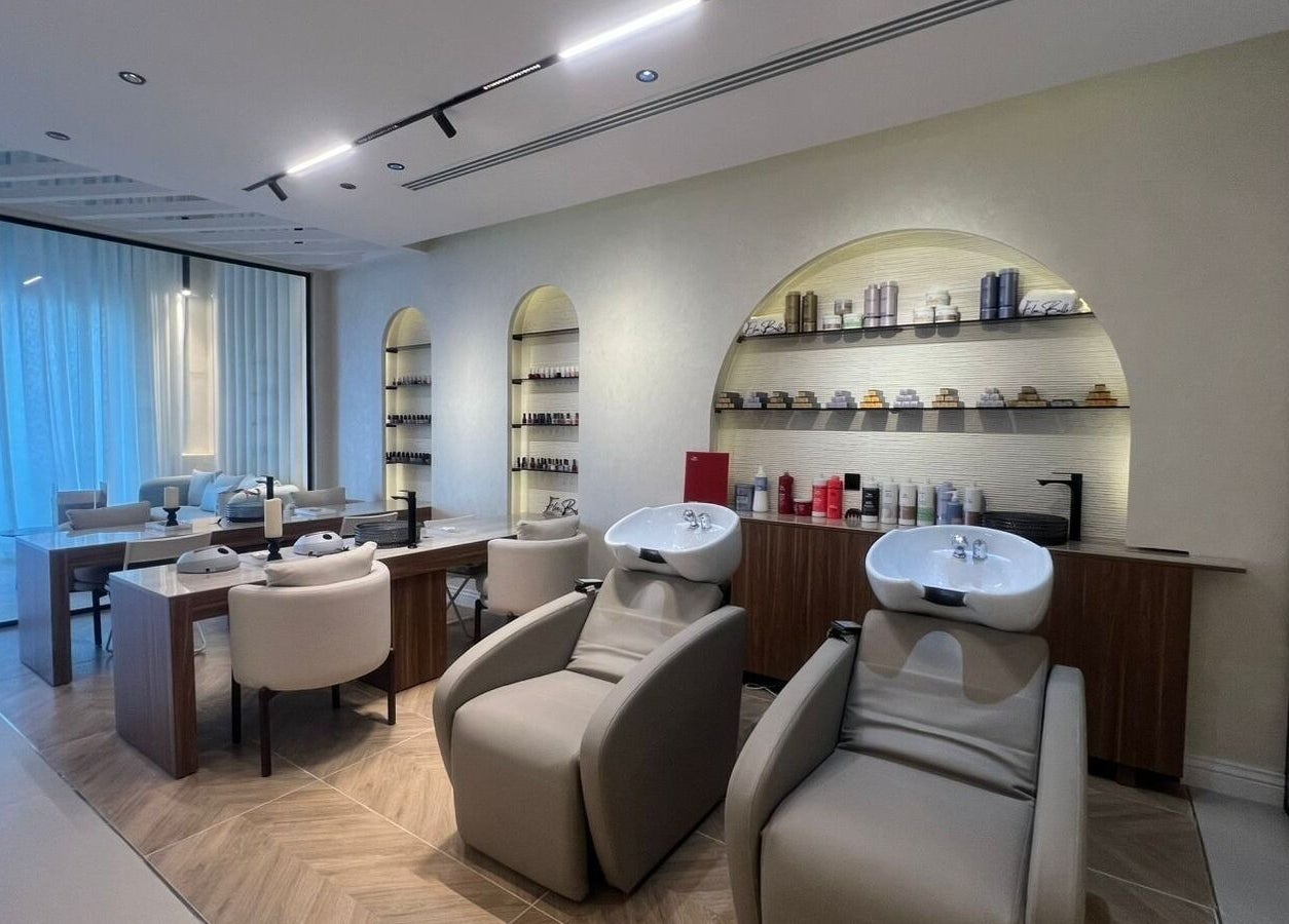 Relaxing interior of Elee Belle featuring styling stations and shelves, Al Khobar, Eastern Province, SA.