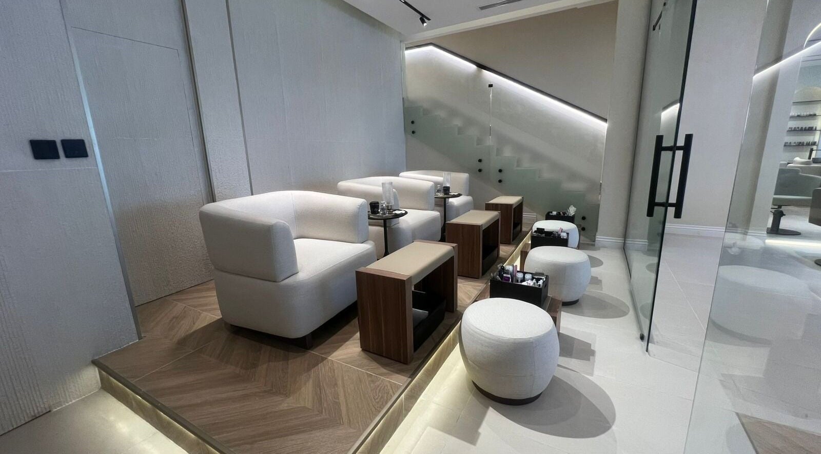 Chic manicure lounge at Elee Belle, Al Khobar, Eastern Province, SA. Stylish seating with modern decor.