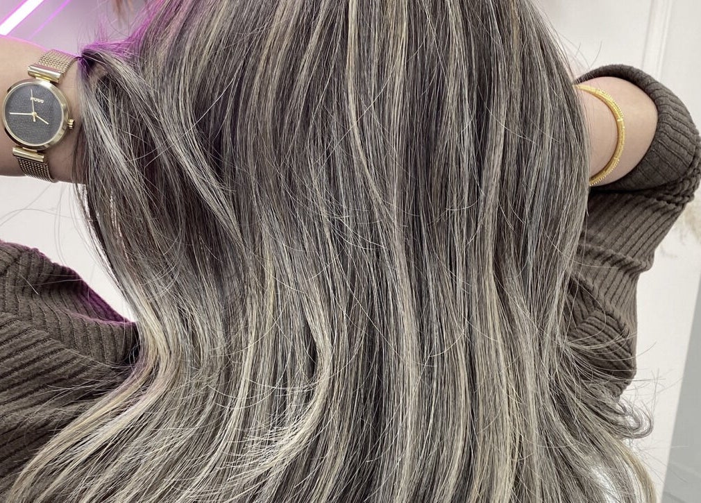 Elegant silver-blonde hair transformation at Glam Aura Studio in Leeds, England, GB.