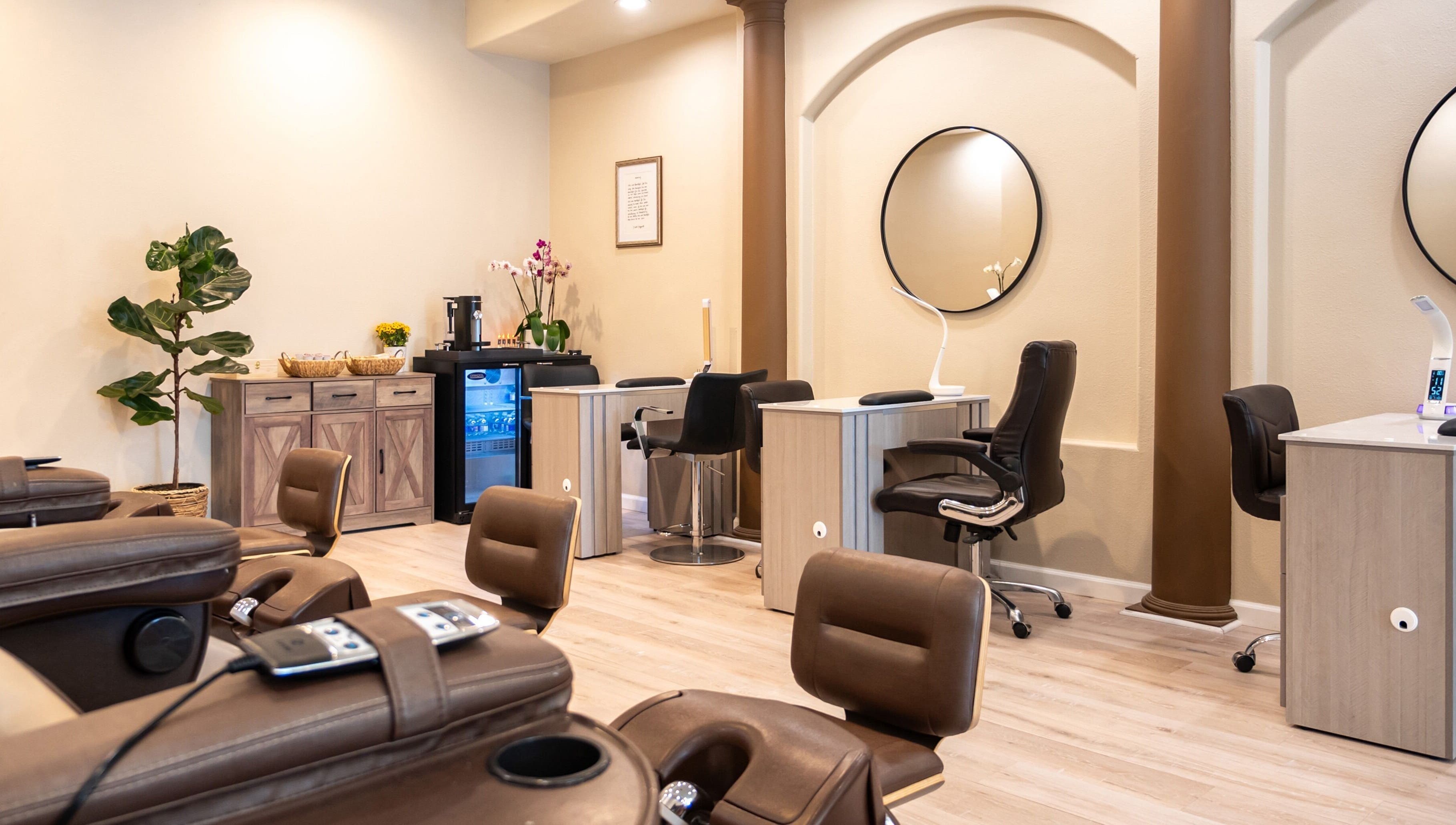 Chic interior of Nirvana Nails Studio, Studio City, California, offering luxurious wellness ambiance.
