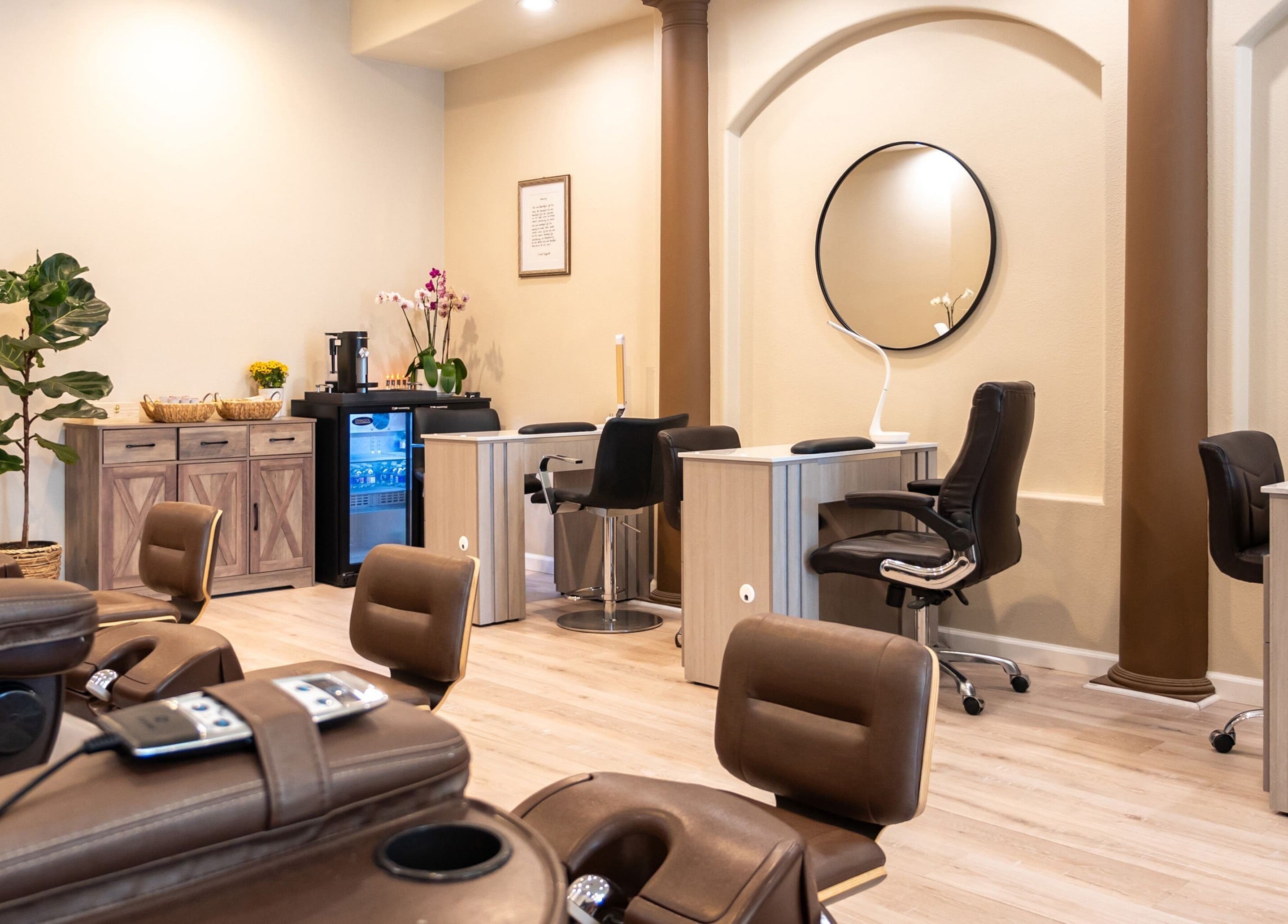 Chic interior of Nirvana Nails Studio, Studio City, California, offering luxurious wellness ambiance.
