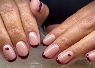 Elegant manicured nails with burgundy tips at Beauty by Lily, Gosnells, Western Australia, AU.